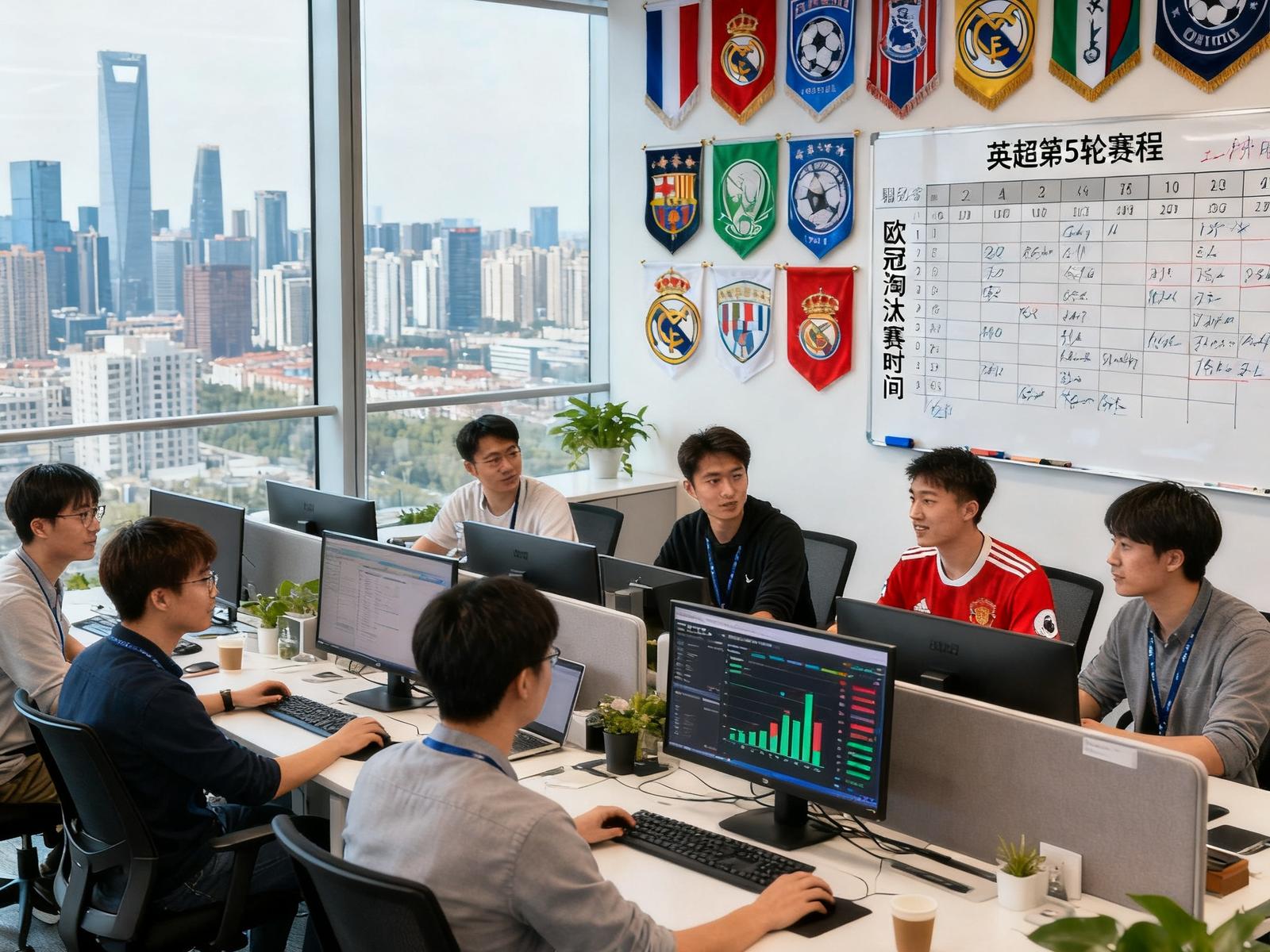 开云体育北京办公室内景，开放式工位上年轻的工程师和数据分析师们正在协作，墙上挂满了各大联赛球队的旗帜和赛程白板，窗外是朝阳区的城市天际线