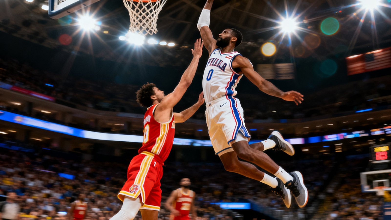 NBA季后赛精彩集锦封面，一名球员腾空而起单手劈扣，防守球员奋力封盖，场馆内闪光灯此起彼伏