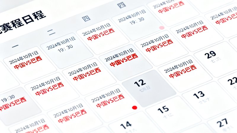 赛程日历界面以月视图展示，每个日期格子里标注当天重要比赛的对阵双方和开赛时间，重要赛事用红色标记